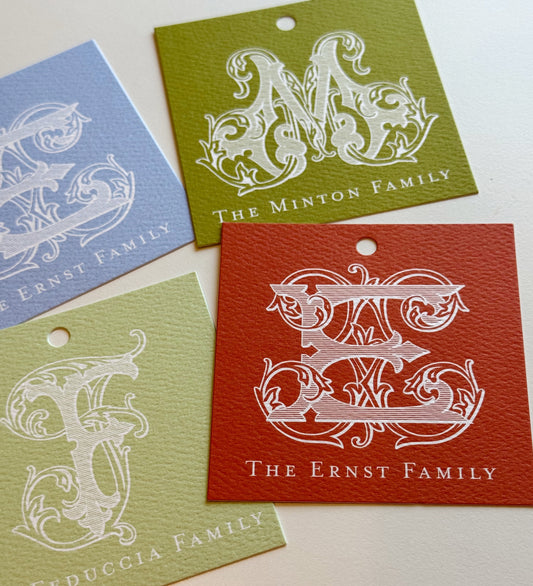 Personalized Family Initial Gift Tags or Stickers – Set of 24 or 48 – Custom Square Favor Tags for Holidays, Gifting, or Events