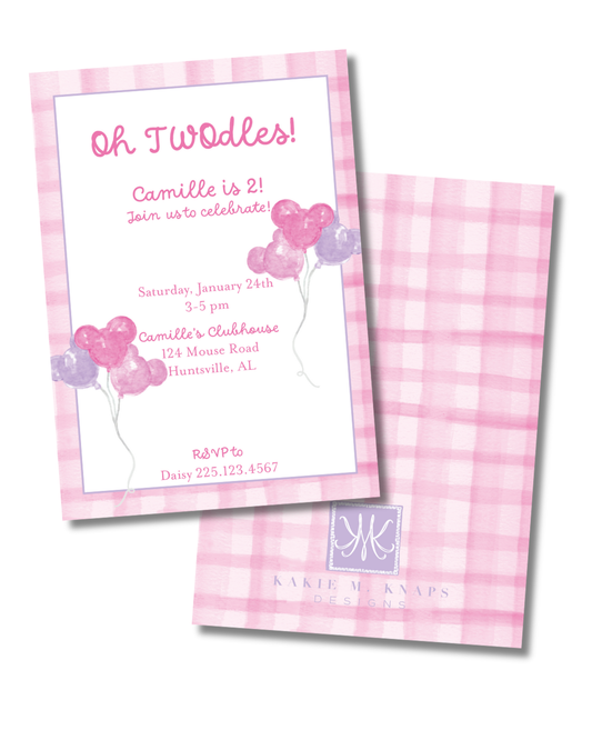 Mickey-Inspired Balloon Birthday Invitation – Soft Watercolor Style – Hand-Painted Digital File