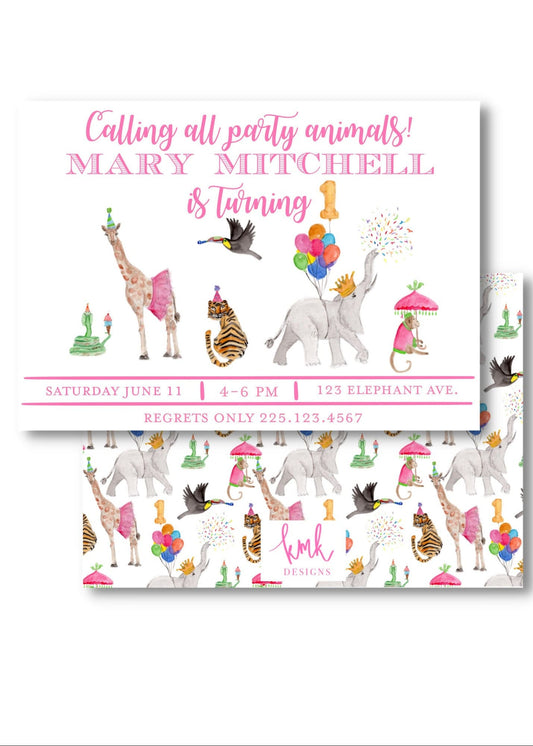 Party Animals Invitation Digital Download- Pink