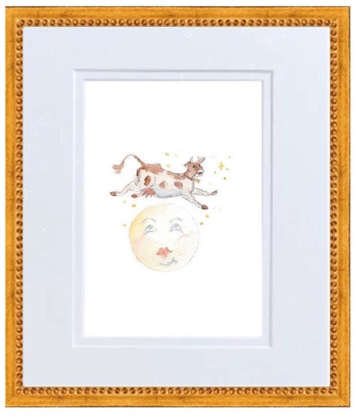 Hey Diddle Diddle- Cow and Moon Nursery Rhyme Hand Painted Watercolor Print with Mat