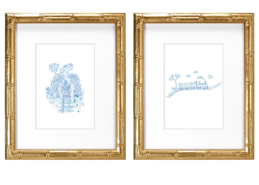Blue Train Toile (in tunnel)- Hand Painted Watercolor Print with Mat