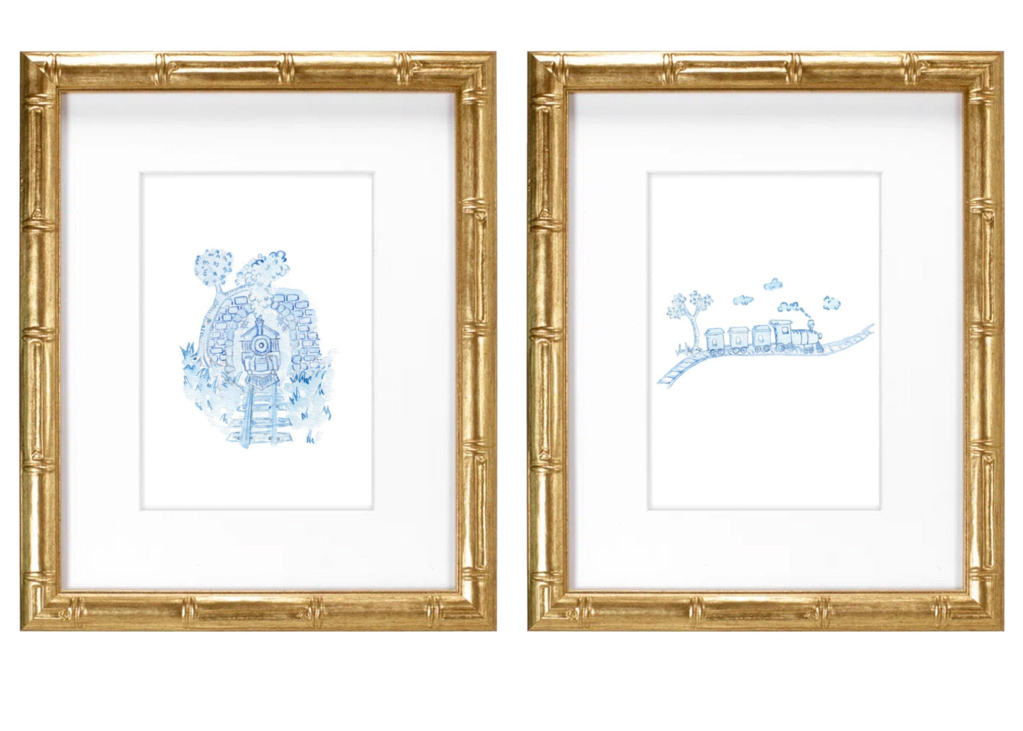 Blue Train Toile (on track)- Hand Painted Watercolor Print with Mat