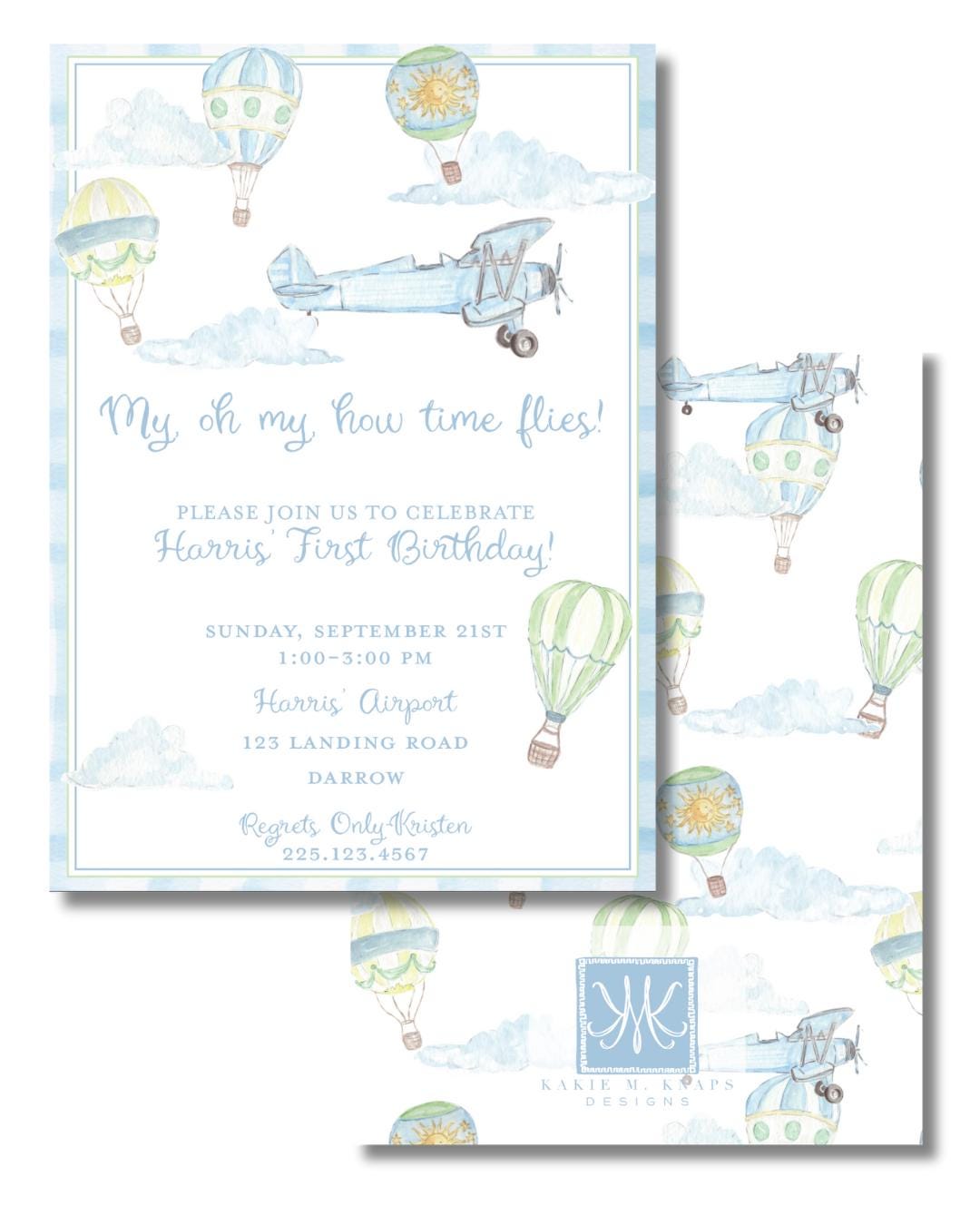 My Oh My, How Time Flies Birthday Invitation – Hand-Painted Hot Air Balloon & Airplane Theme – Digital PDF File