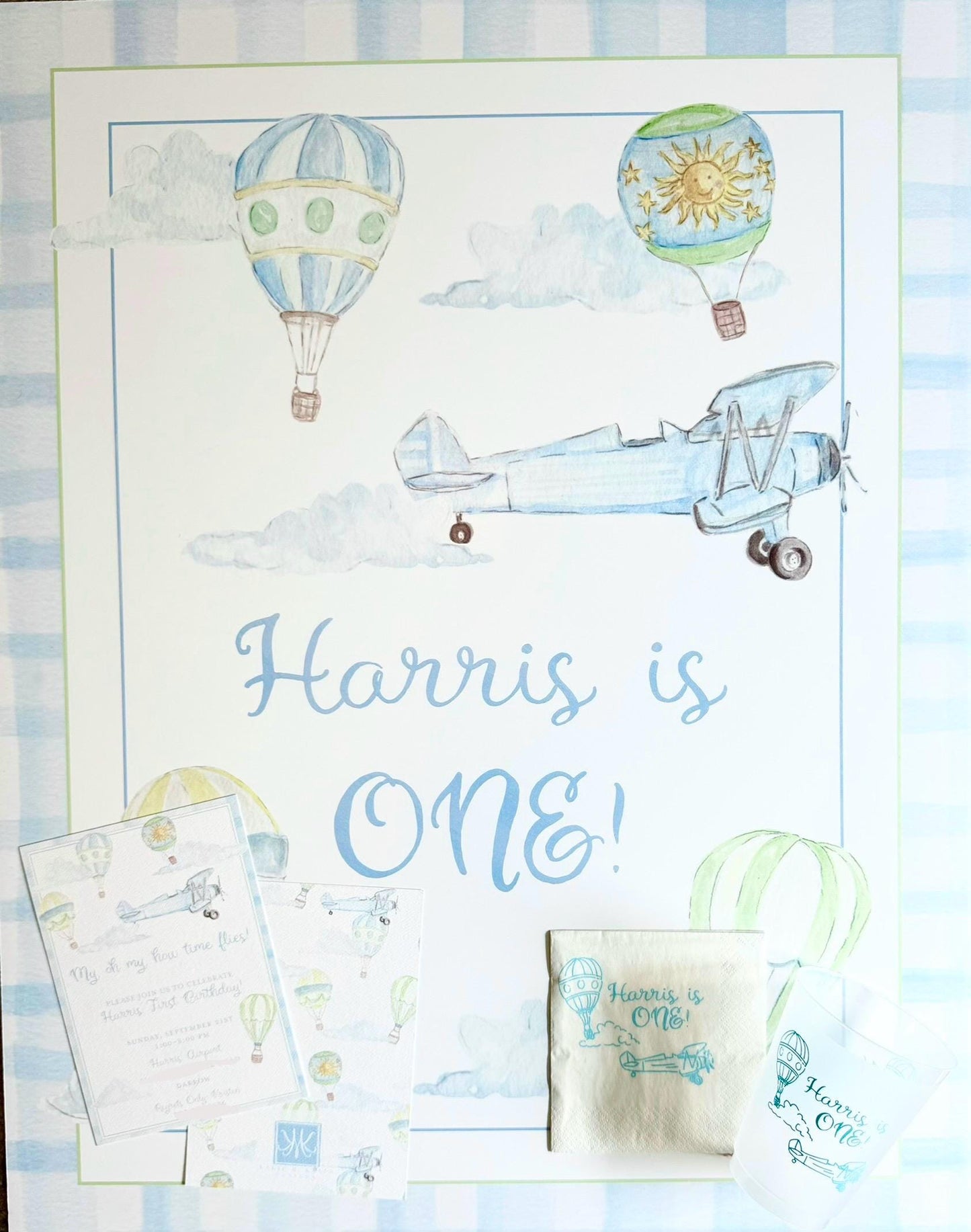 My Oh My, How Time Flies Birthday Invitation – Hand-Painted Hot Air Balloon & Airplane Theme – Digital PDF File