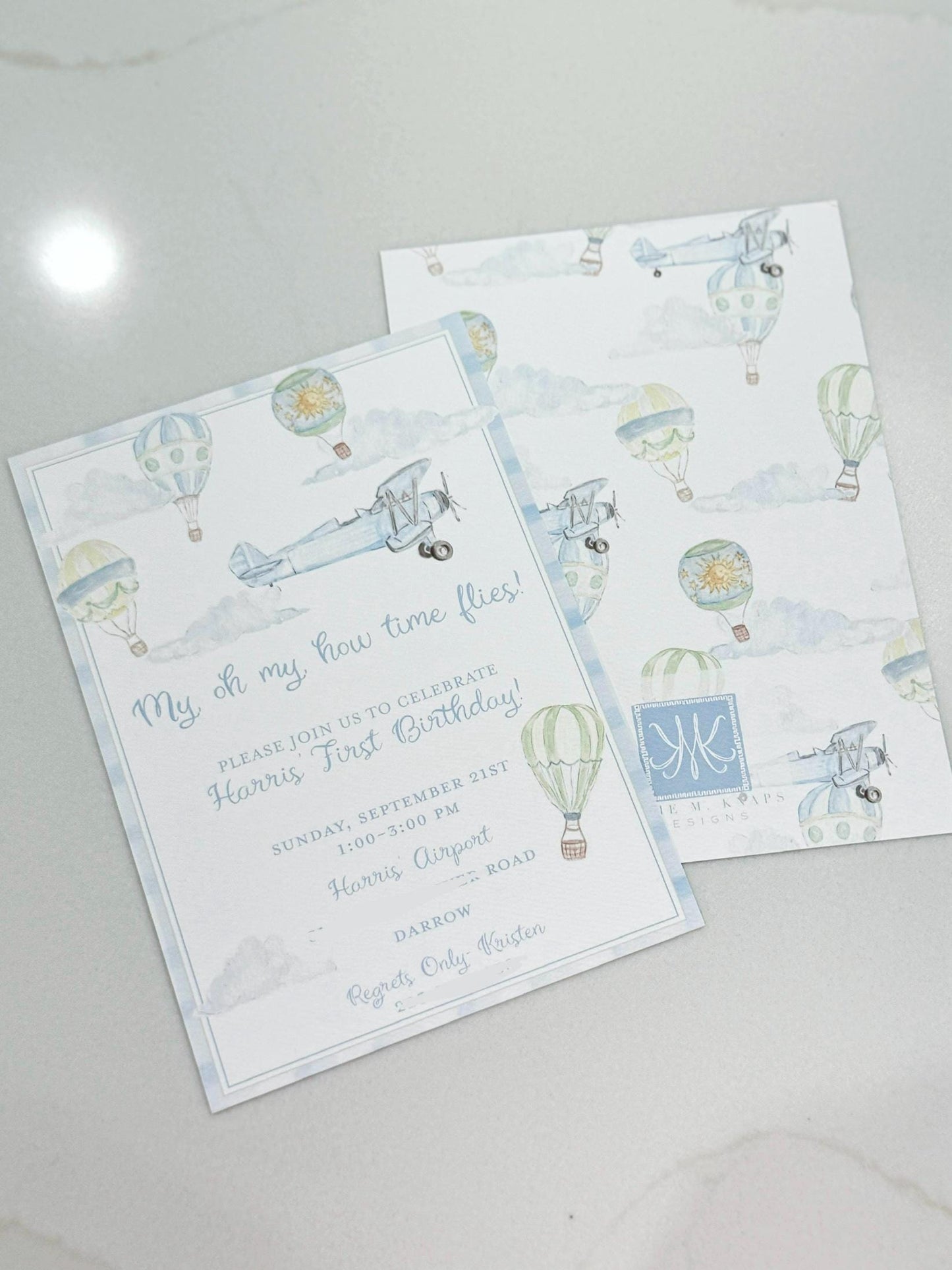 My Oh My, How Time Flies Birthday Invitation – Hand-Painted Hot Air Balloon & Airplane Theme – Digital PDF File