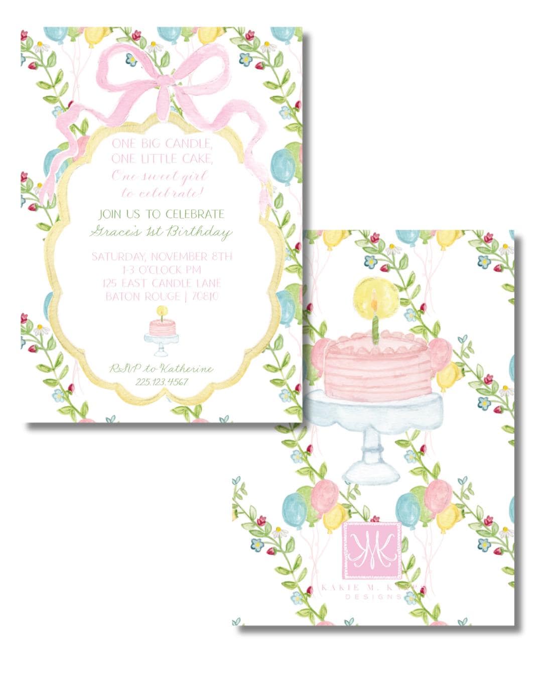 One Big Candle, One Little Cake Birthday Invitation PINK OR BLUE – Hand-Painted Classic Pastel Party Design – Digital PDF File