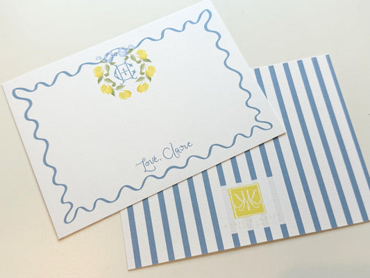 Lemon Monogram Stationery – Custom Stationery with Striped Back