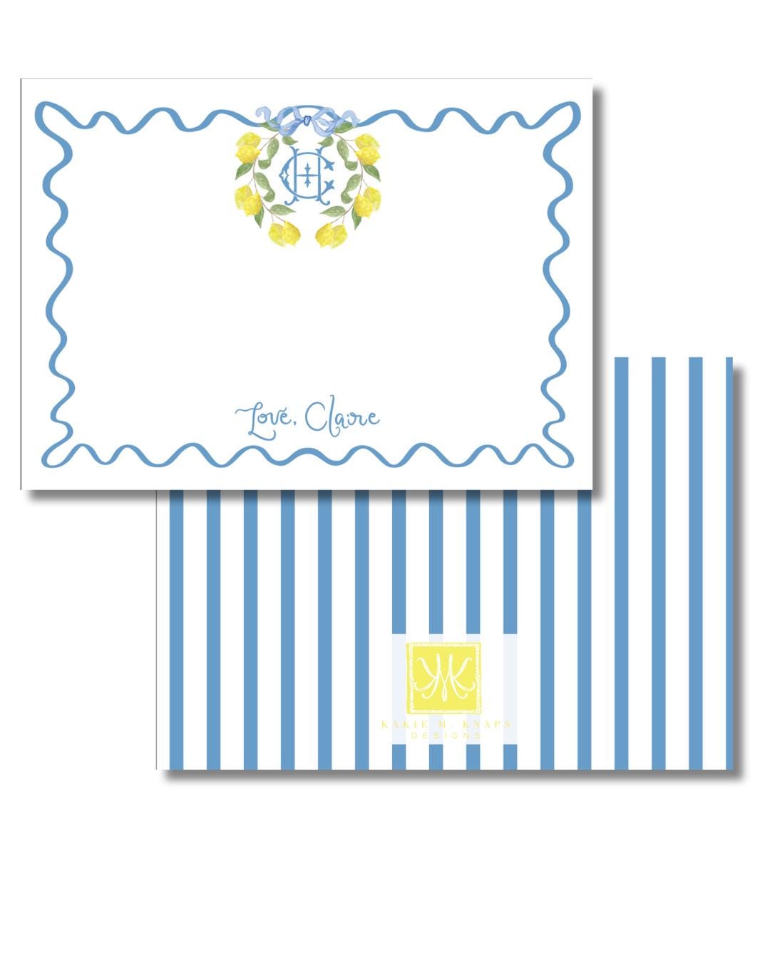Lemon Monogram Stationery – Custom Stationery with Striped Back