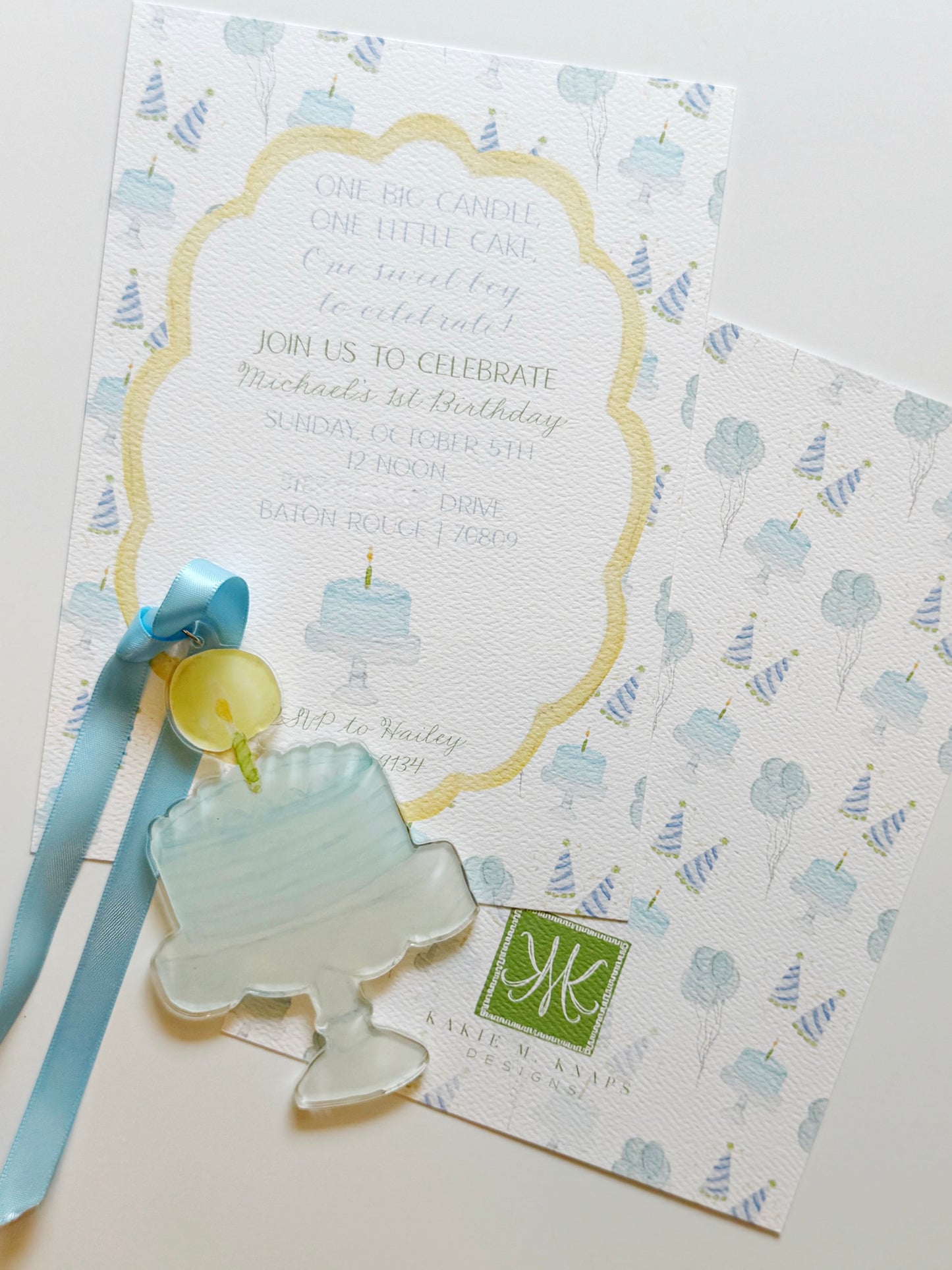 One Big Candle, One Little Cake Birthday Invitation PINK OR BLUE – Hand-Painted Classic Pastel Party Design – Digital PDF File