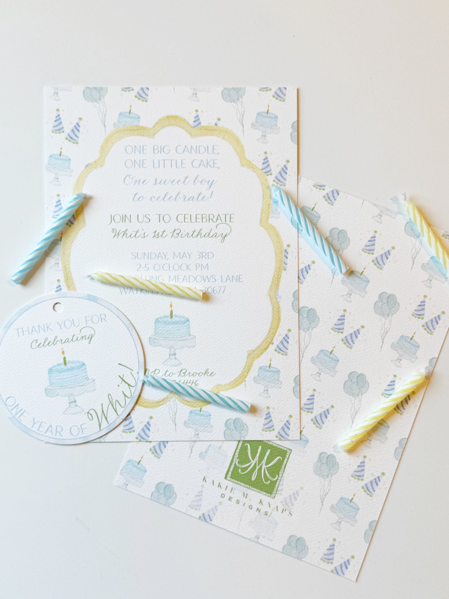 One Big Candle, One Little Cake Birthday Invitation PINK OR BLUE – Hand-Painted Classic Pastel Party Design – Digital PDF File