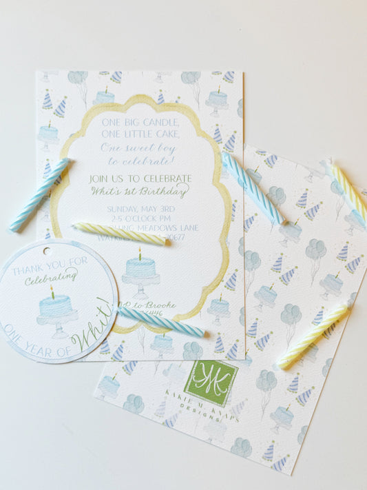 One Big Candle, One Little Cake Birthday Invitation PINK OR BLUE – Hand-Painted Classic Pastel Party Design – Digital PDF File