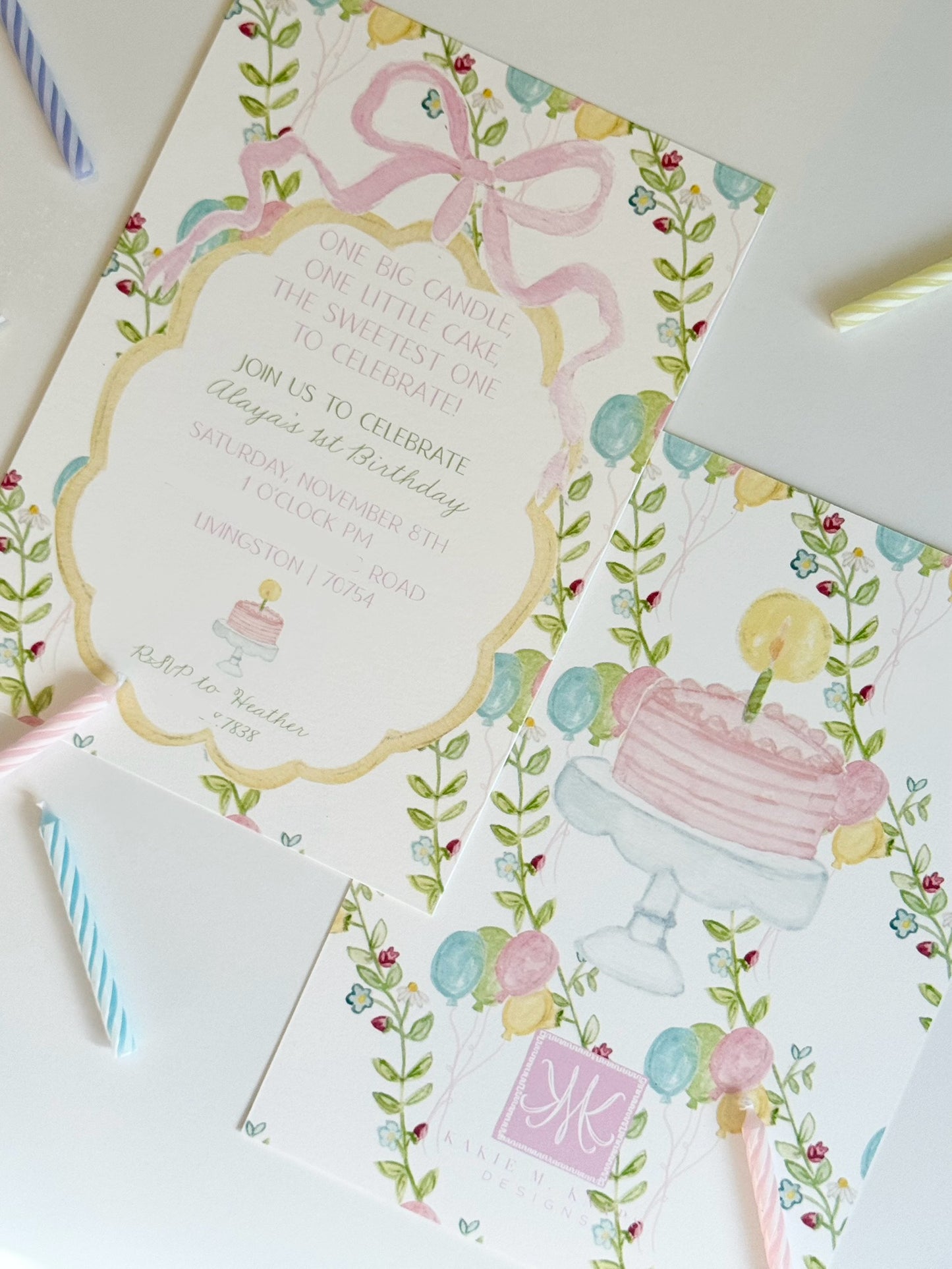 One Big Candle, One Little Cake Birthday Invitation PINK OR BLUE – Hand-Painted Classic Pastel Party Design – Digital PDF File