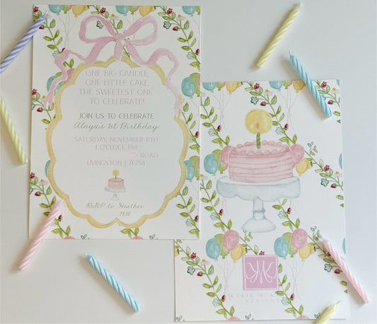 One Big Candle, One Little Cake Birthday Invitation PINK OR BLUE – Hand-Painted Classic Pastel Party Design – Digital PDF File