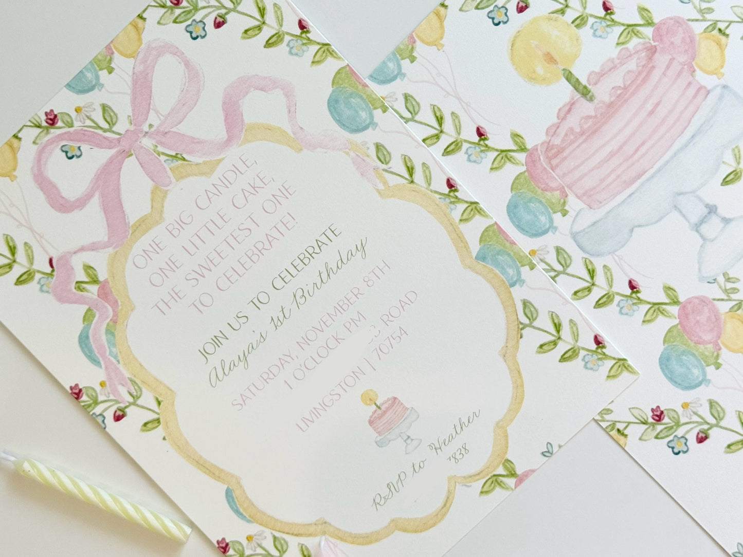 One Big Candle, One Little Cake Birthday Invitation PINK OR BLUE – Hand-Painted Classic Pastel Party Design – Digital PDF File