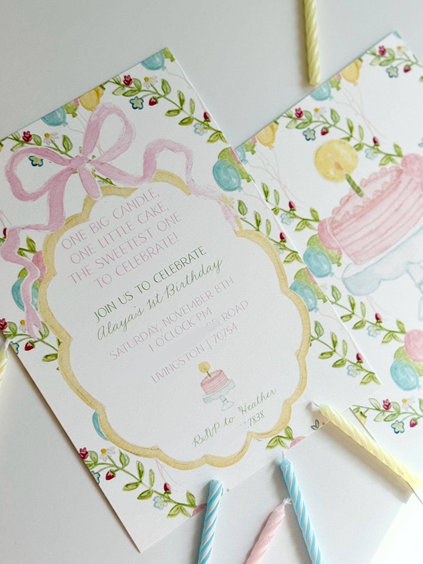 One Big Candle, One Little Cake Birthday Invitation PINK OR BLUE – Hand-Painted Classic Pastel Party Design – Digital PDF File