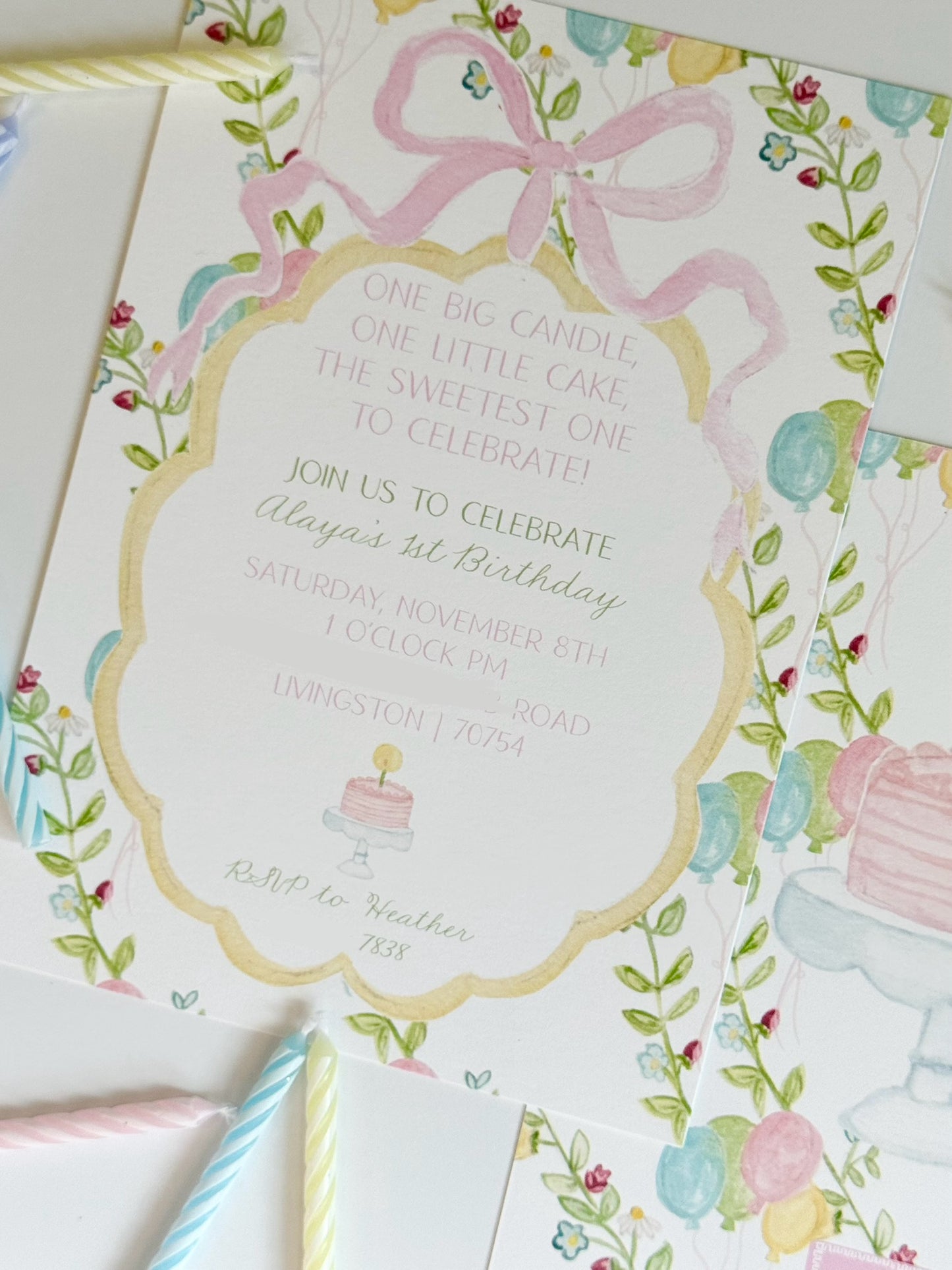One Big Candle, One Little Cake Birthday Invitation PINK OR BLUE – Hand-Painted Classic Pastel Party Design – Digital PDF File