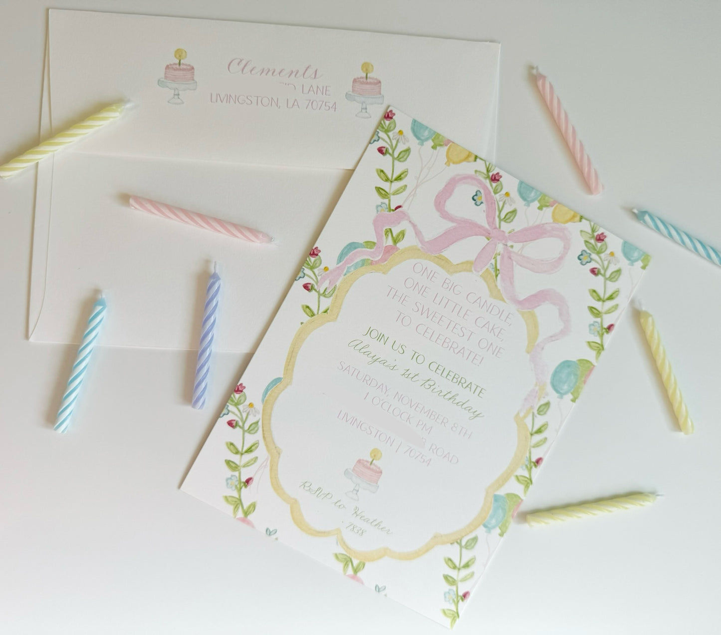 One Big Candle, One Little Cake Birthday Invitation PINK OR BLUE – Hand-Painted Classic Pastel Party Design – Digital PDF File
