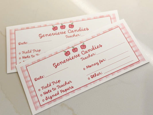Personalized school envelopes- teacher notes- pink or blue- set of 15