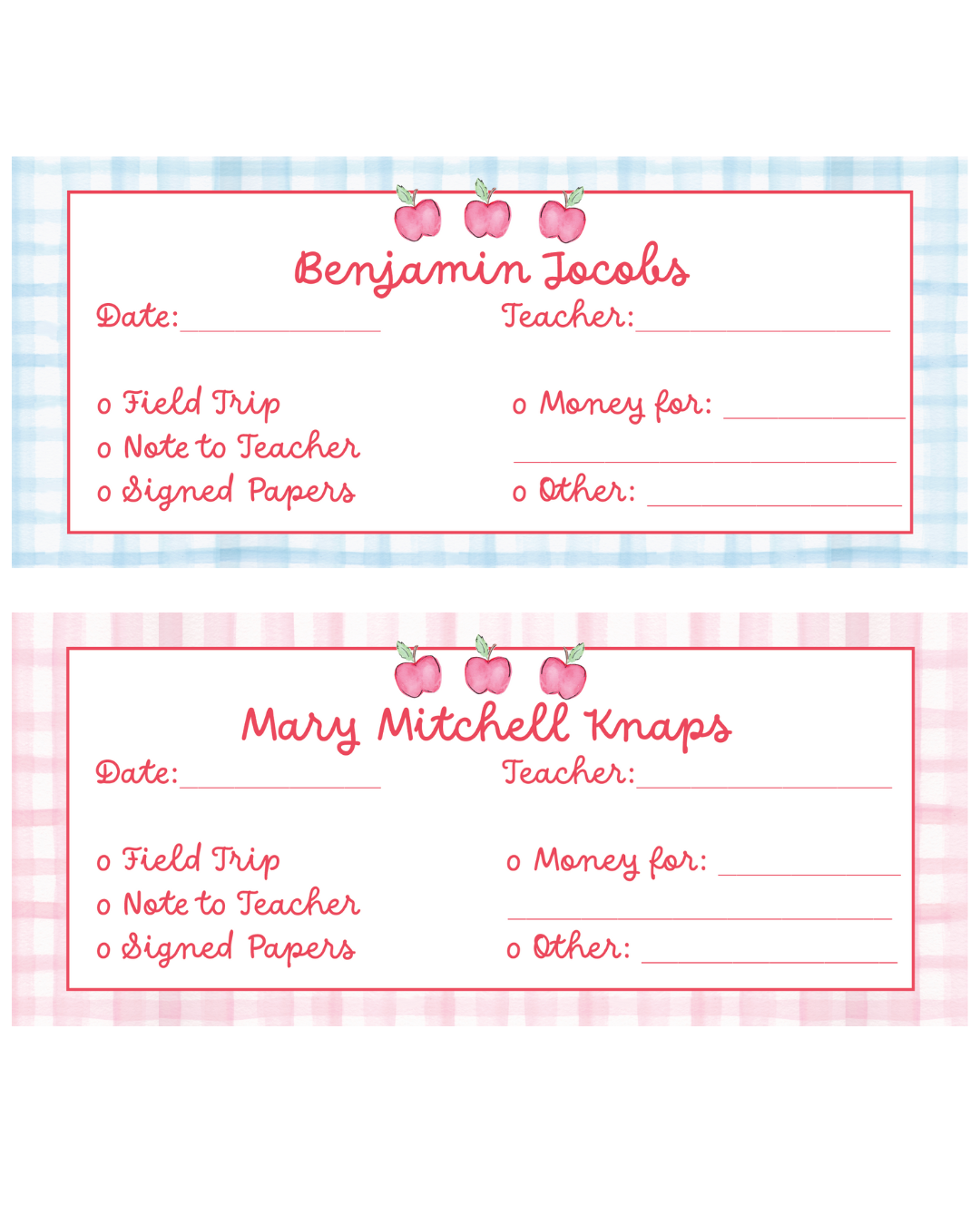 Personalized school envelopes- teacher notes- pink or blue- set of 15