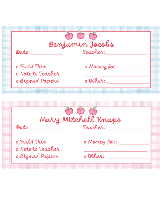 Personalized school envelopes- teacher notes- pink or blue- set of 15
