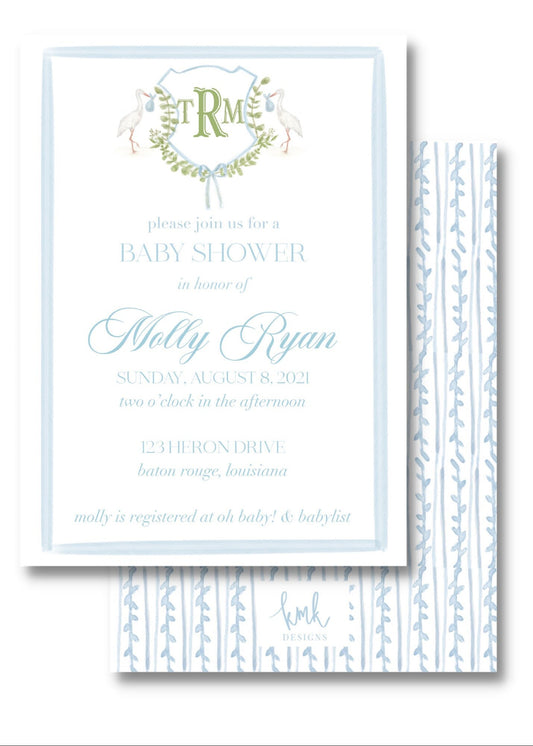 Stork and Greenery Baby Shower Invitation Digital Download