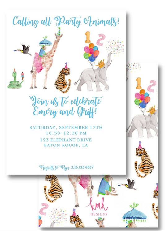 Party Animals Invitation Digital Download- Blue