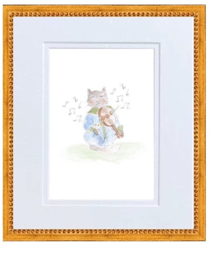 Hey Diddle Diddle- The Cat Played the Fiddle Nursery Rhyme Hand Painted Watercolor Print with Mat
