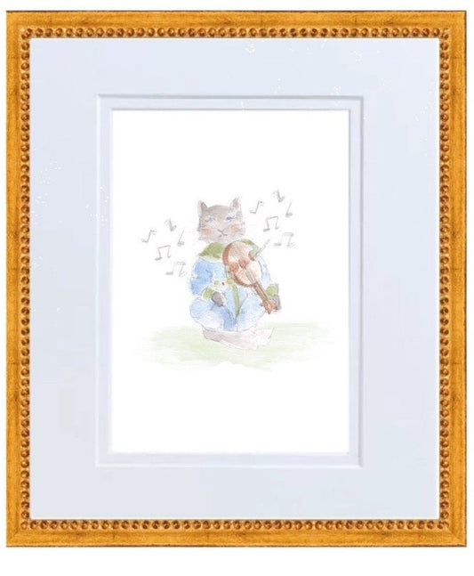 Hey Diddle Diddle- The Cat Played the Fiddle Nursery Rhyme Hand Painted Watercolor Print with Mat