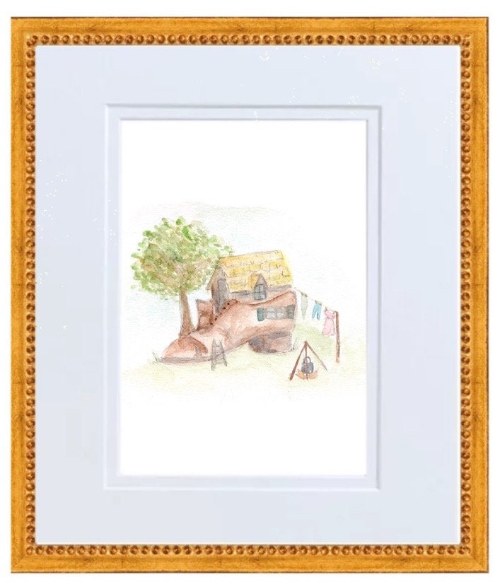 Woman Who Lived in a Shoe Nursery Rhyme Hand Painted Watercolor Print with Mat