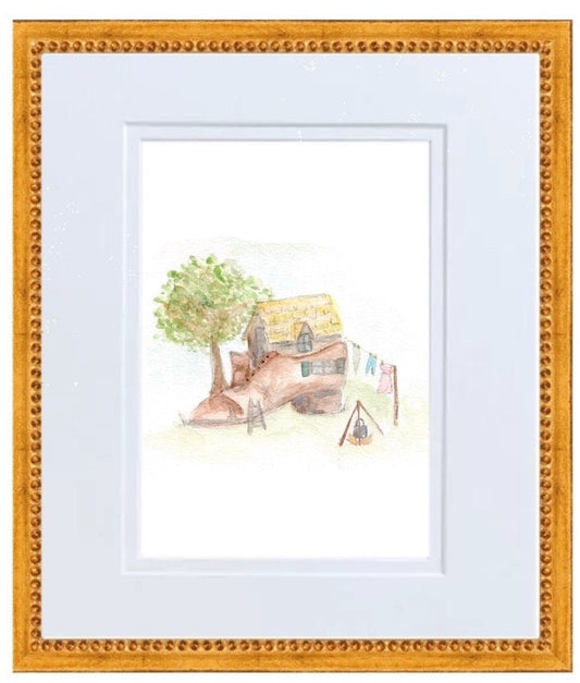Woman Who Lived in a Shoe Nursery Rhyme Hand Painted Watercolor Print with Mat