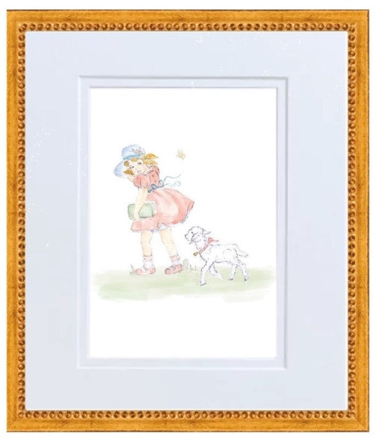 Mary and Her little lamb Nursery Rhyme Hand Painted Watercolor Print with Mat