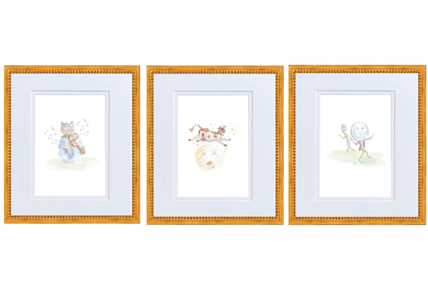 Hey Diddle Diddle- The Dish and the Spoon Nursery Rhyme Hand Painted Watercolor Print with Mat