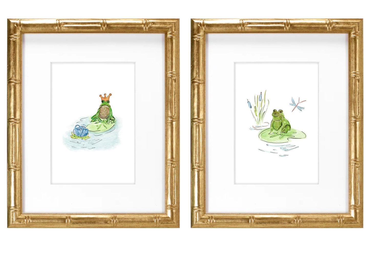 Frog Prince Blue with dragonfly- Hand Painted Watercolor Print with Mat