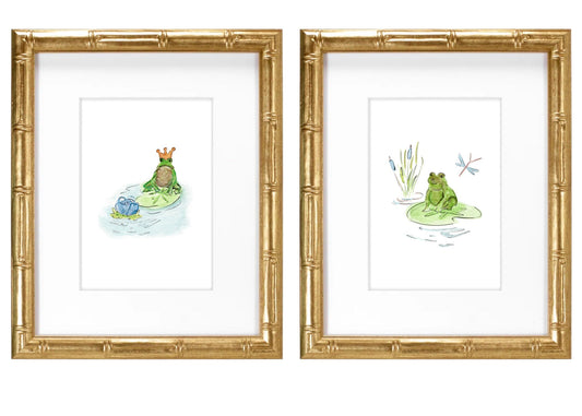 Frog Prince Blue with dragonfly- Hand Painted Watercolor Print with Mat