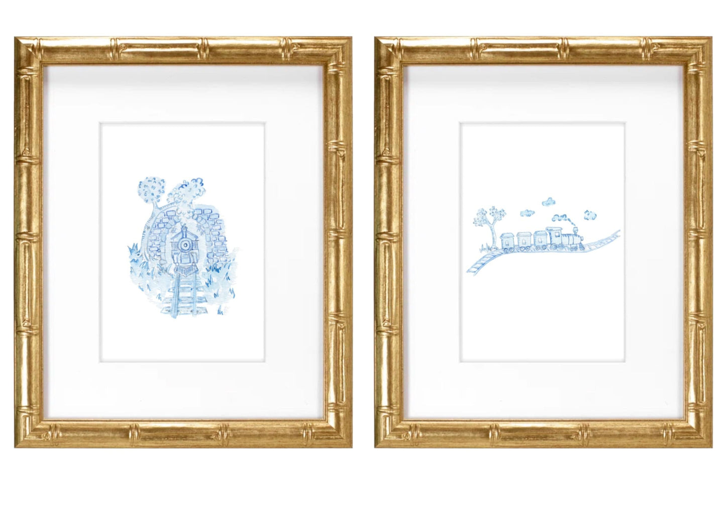 Blue Train Toile (in tunnel)- Hand Painted Watercolor Print with Mat