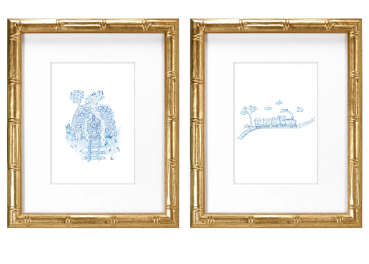 Blue Train Toile (on track)- Hand Painted Watercolor Print with Mat