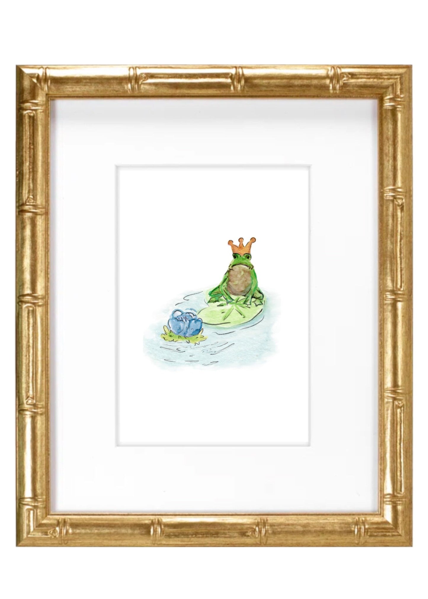 Frog Prince Blue- Hand Painted Watercolor Print with Mat