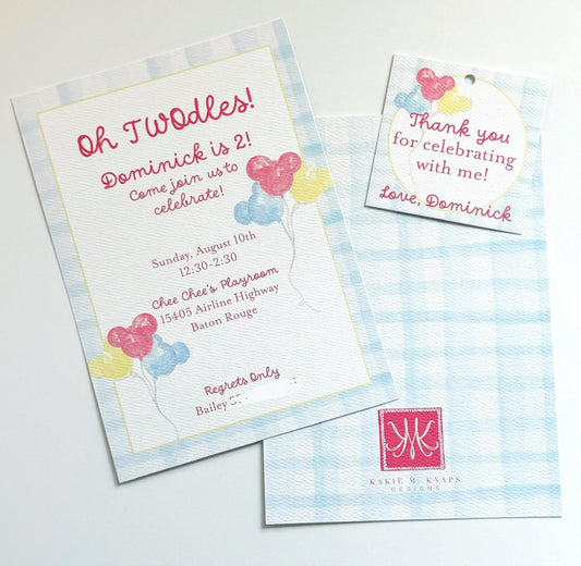Mickey-Inspired Balloon Birthday Invitation – Soft Watercolor Style – Hand-Painted Digital File