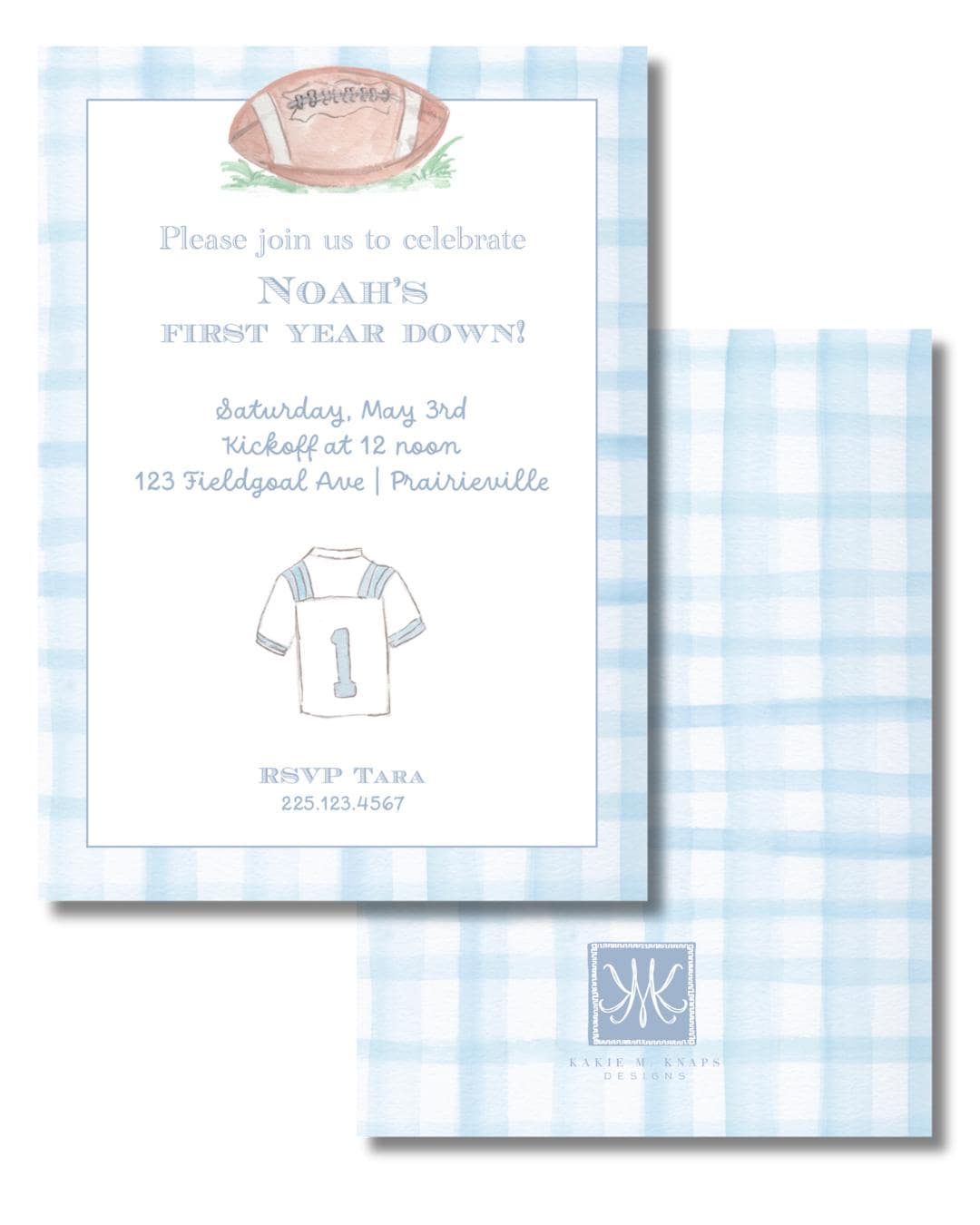 Football-Themed Birthday Invitation – Hand-Painted Watercolor – “First Down” Party Invite – Digital PDF File