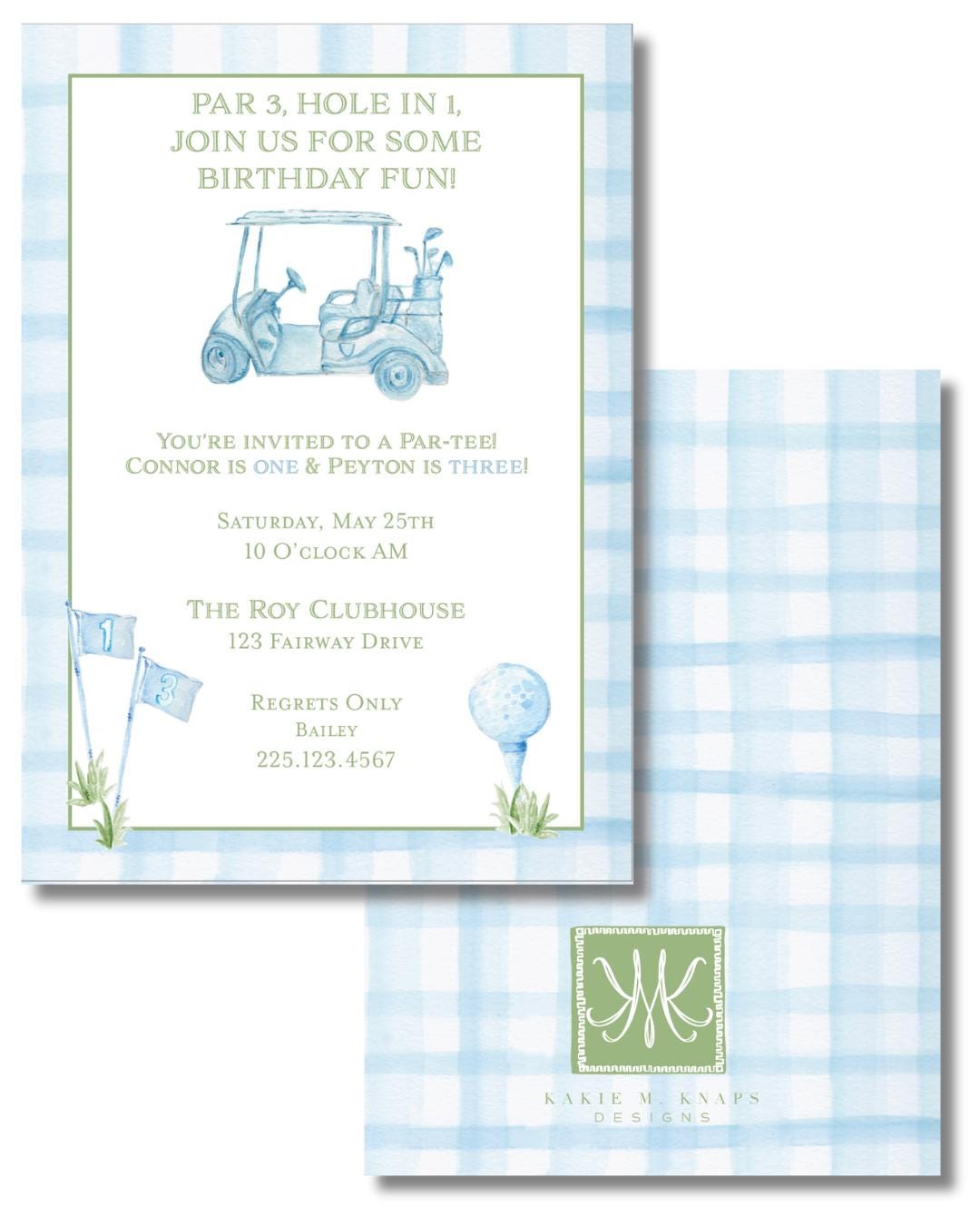 Golf-Themed Birthday Invitation – Watercolor Gingham Party Design – Digital PDF File