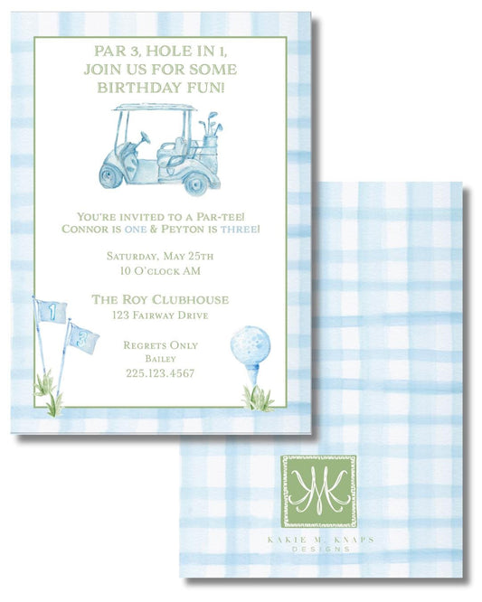 Golf-Themed Birthday Invitation – Watercolor Gingham Party Design – Digital PDF File