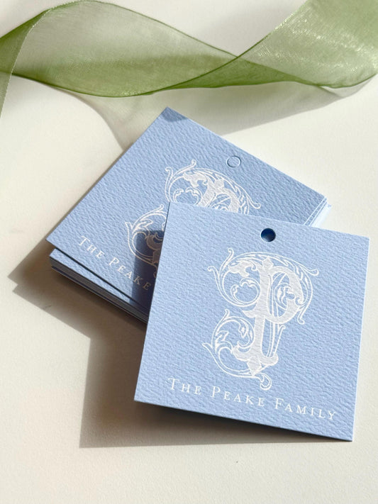 Personalized Family Initial Gift Tags or Stickers – Set of 24 or 48 – Custom Square Favor Tags for Holidays, Gifting, or Events