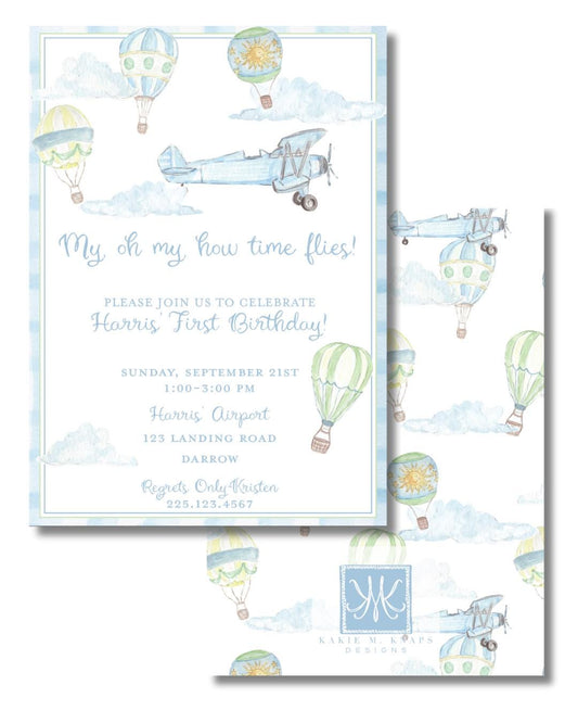 My Oh My, How Time Flies Birthday Invitation – Hand-Painted Hot Air Balloon & Airplane Theme – Digital PDF File