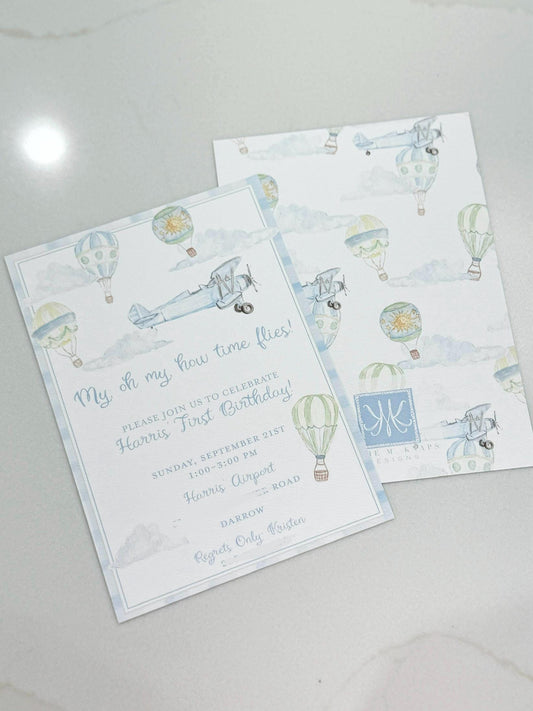 My Oh My, How Time Flies Birthday Invitation – Hand-Painted Hot Air Balloon & Airplane Theme – Digital PDF File