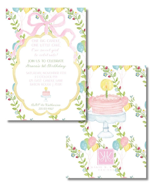 One Big Candle, One Little Cake Birthday Invitation – Hand-Painted Classic Pastel Party Design – Digital PDF File